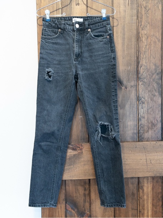 Zara Washed Black Gray High Rise Distressed Denim Stretch Jeans 4 - Picture 2 of 8